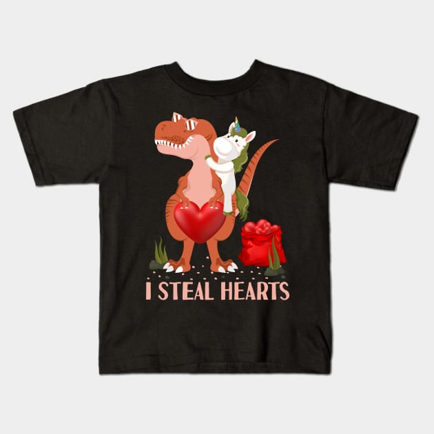 Valentines Day Dinosaur I Steal Hearts Unicorn Riding T rex Kids T-Shirt by Tesszero